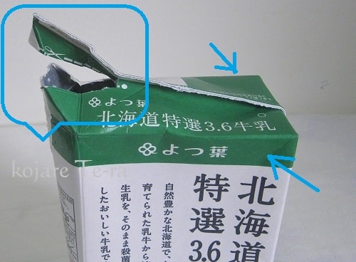 北海道特選3.6牛乳パックの端を押す部分